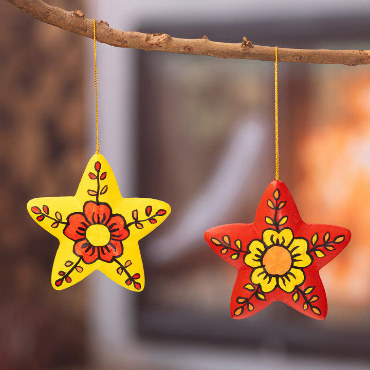2 Hand-Painted Ceramic Star Floral Christmas Ornaments - Ayacucho Floral Stars | NOVICA