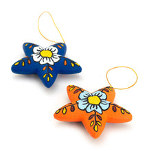 Load image into Gallery viewer, 2 Orange Blue Star Floral-Themed Ceramic Christmas Ornaments - Ayacucho Flowered Stars | NOVICA
