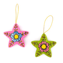 Load image into Gallery viewer, 2 Colorful Ceramic Star-Shaped Floral Christmas Ornaments - Ayacucho Bloomed Stars | NOVICA
