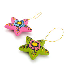 Load image into Gallery viewer, 2 Colorful Ceramic Star-Shaped Floral Christmas Ornaments - Ayacucho Bloomed Stars | NOVICA
