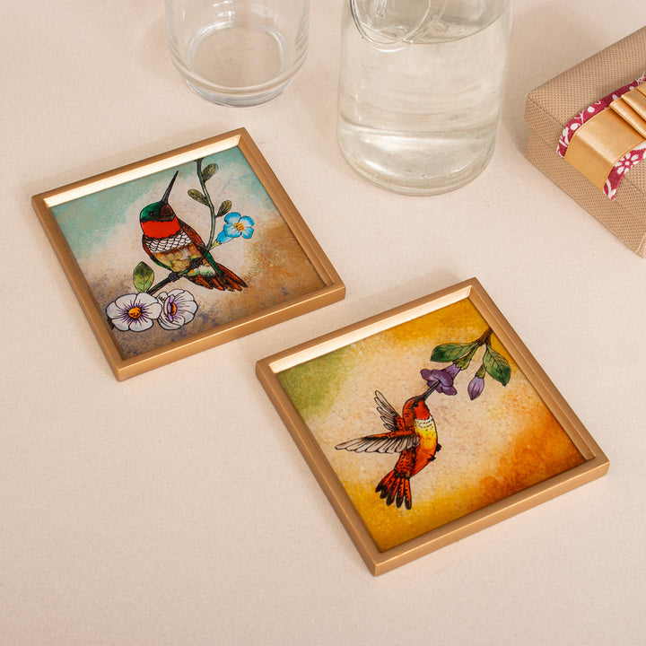 Set of 2 Floral Bird Reverse Painted Glass Coasters - Sunset Hummingbirds | NOVICA