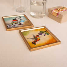 Load image into Gallery viewer, Set of 2 Floral Bird Reverse Painted Glass Coasters - Sunset Hummingbirds | NOVICA
