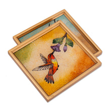 Load image into Gallery viewer, Set of 2 Floral Bird Reverse Painted Glass Coasters - Sunset Hummingbirds | NOVICA
