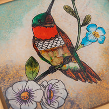 Load image into Gallery viewer, Set of 2 Floral Bird Reverse Painted Glass Coasters - Sunset Hummingbirds | NOVICA
