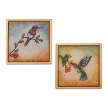Load image into Gallery viewer, Set of 2 Floral Bird Reverse Painted Glass Coasters - Sunrise Hummingbirds | NOVICA
