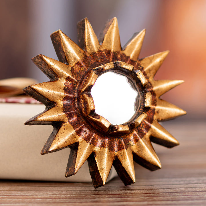 Sun-Shaped Antiqued Bronze-Gilded Mirrored Wood Wall Accent - Resplendent Sun | NOVICA