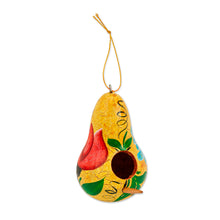Load image into Gallery viewer, Birdhouse-Shaped Dried Gourd Ornament with Floral Designs - Yellow Birdhouse Bloom | NOVICA

