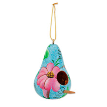 Load image into Gallery viewer, Birdhouse-Shaped Blue Dried Gourd Floral Christmas Ornament - Blue Birdhouse Bloom | NOVICA
