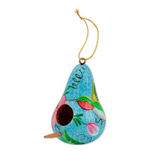 Load image into Gallery viewer, Birdhouse-Shaped Blue Dried Gourd Floral Christmas Ornament - Blue Birdhouse Bloom | NOVICA
