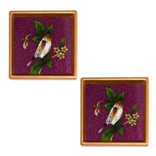 Load image into Gallery viewer, Purple and Golden Bird Reverse-Painted Glass Coaster Pair - Floral Songbird | NOVICA
