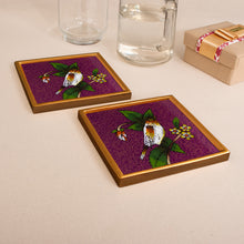 Load image into Gallery viewer, Purple and Golden Bird Reverse-Painted Glass Coaster Pair - Floral Songbird | NOVICA
