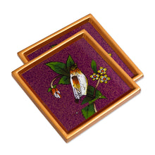 Load image into Gallery viewer, Purple and Golden Bird Reverse-Painted Glass Coaster Pair - Floral Songbird | NOVICA
