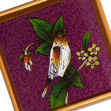 Load image into Gallery viewer, Purple and Golden Bird Reverse-Painted Glass Coaster Pair - Floral Songbird | NOVICA
