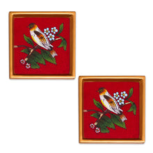 Load image into Gallery viewer, Red and Golden Reverse-Painted Glass Spring Coaster Pair - Passionate Songbird | NOVICA
