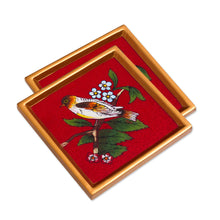 Load image into Gallery viewer, Red and Golden Reverse-Painted Glass Spring Coaster Pair - Passionate Songbird | NOVICA
