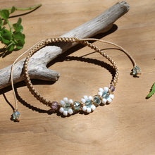 Load image into Gallery viewer, Floral Blue Topaz Amethyst Glass-Beaded Macrame Bracelet - Flowery Radiance | NOVICA
