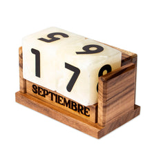 Load image into Gallery viewer, Marble Perpetual Desk Calendar with Natural Wood Base - Everlasting Time | NOVICA
