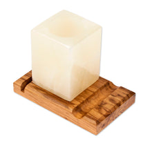 Load image into Gallery viewer, Marble Wood Pencil Holder with Slots for Phone and Cards - All in Place | NOVICA
