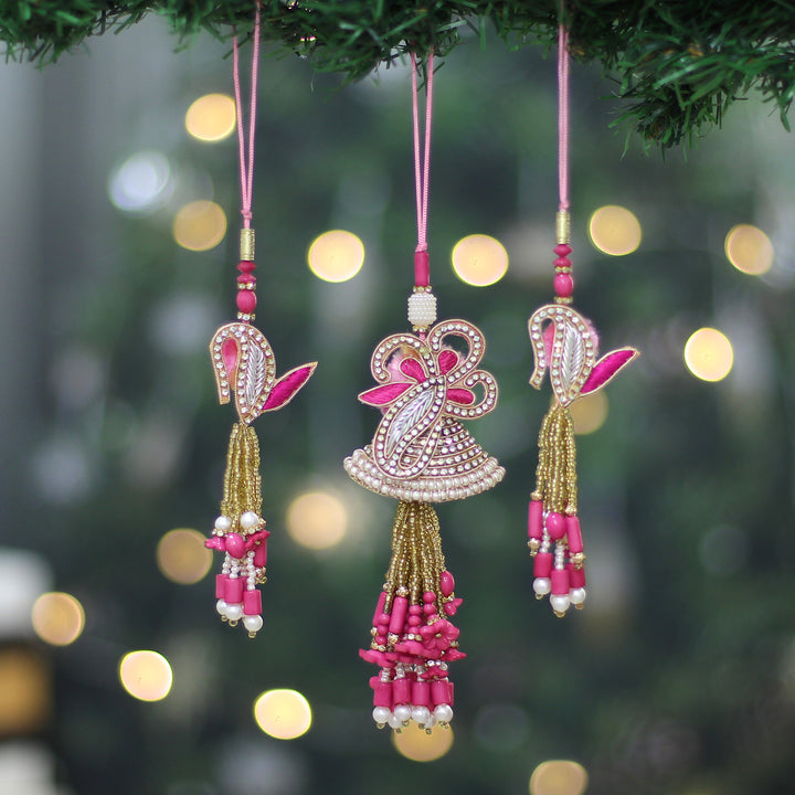 3 Pink Floral Leaf-Themed Cotton Beaded Christmas Ornaments - Pink Glamour | NOVICA