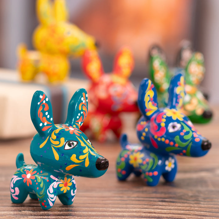 Dog-Themed Red Ceramic Figurine with Hand-Painted Motifs - Cheerful Dog | NOVICA