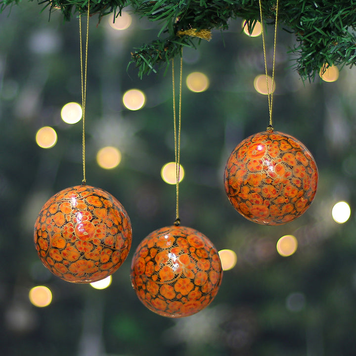 Painted 3-Piece Orange and Golden Papier Mache Ornament Set - Holiday Evenings | NOVICA