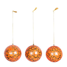 Load image into Gallery viewer, Painted 3-Piece Orange and Golden Papier Mache Ornament Set - Holiday Evenings | NOVICA
