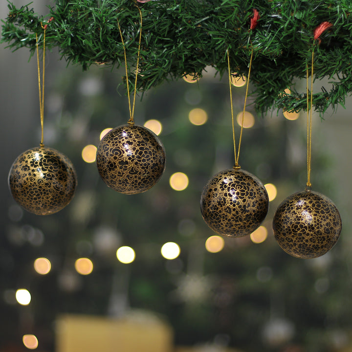 Artisan-Made 4-Piece Floral Black and Golden Ornament Set - Midnight Cheers | NOVICA