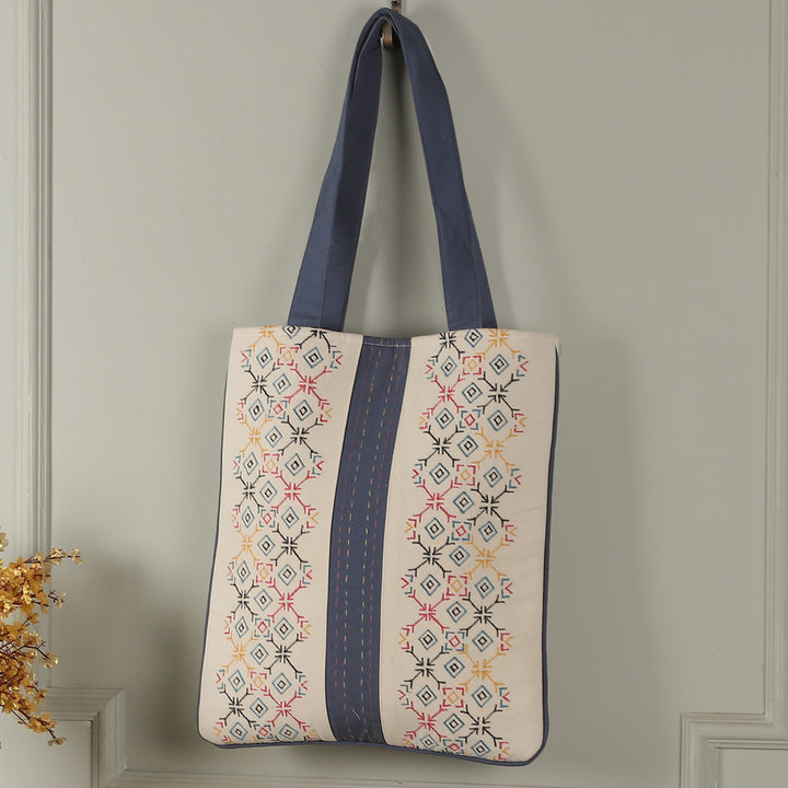 Folk Art-Themed White and Blue 100% Cotton Shoulder Bag - Paths to Midnight | NOVICA