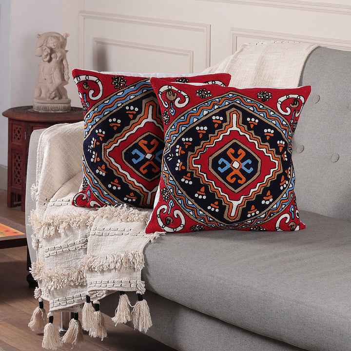 Pair of Cotton Cushion Covers with Chain Stitch Embroidery - Hypnotic Kites | NOVICA