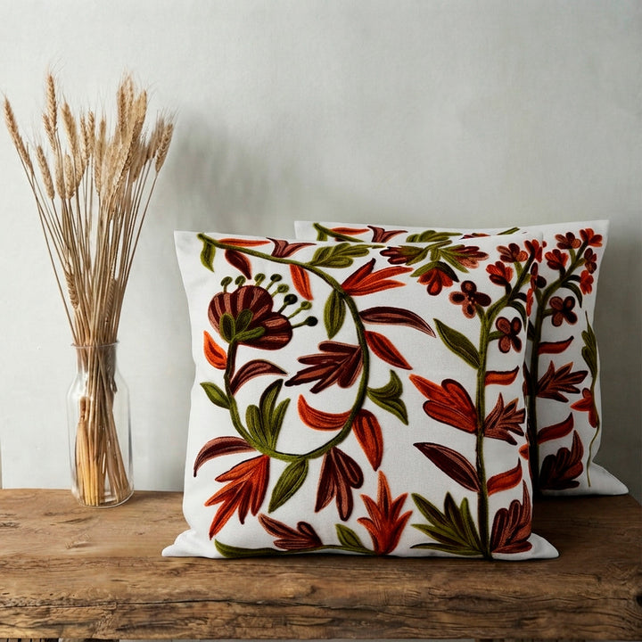 Pair of Nature-Themed Embroidered Cotton Cushion Covers - Floral Majesty | NOVICA