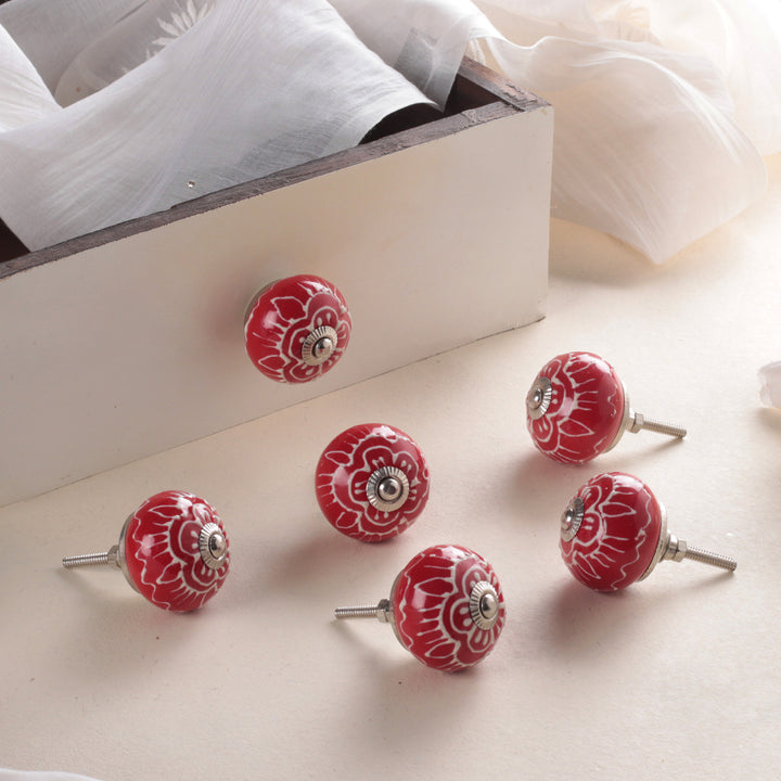 Hand-Painted Red 6-Piece Floral Ceramic Knob Set from India - Bouquet in Red | NOVICA