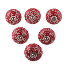 Load image into Gallery viewer, Hand-Painted Red 6-Piece Floral Ceramic Knob Set from India - Bouquet in Red | NOVICA
