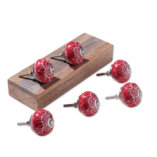 Load image into Gallery viewer, Hand-Painted Red 6-Piece Floral Ceramic Knob Set from India - Bouquet in Red | NOVICA
