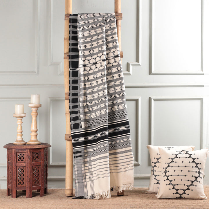 Hand-Loomed Geometric Cotton Throw in Black and Ivory - Creative Elegance | NOVICA