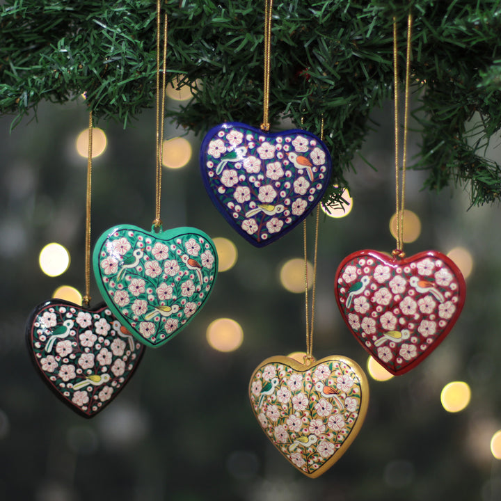 Floral Hand-Painted 5-Piece Papier Mache Heart Ornament Set - Kashmir Love | NOVICA