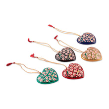 Load image into Gallery viewer, Floral Hand-Painted 5-Piece Papier Mache Heart Ornament Set - Kashmir Love | NOVICA
