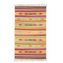 Load image into Gallery viewer, Spring-Inspired Striped Wool Dhurrie Rug with Fringes (3x5) - Spring Blast | NOVICA
