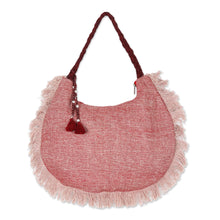 Load image into Gallery viewer, Zippered Blush Pink and Red 100% Linen Hobo Bag with Fringes - Blush &amp; Bold | NOVICA

