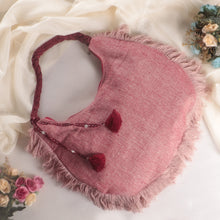 Load image into Gallery viewer, Zippered Blush Pink and Red 100% Linen Hobo Bag with Fringes - Blush &amp; Bold | NOVICA
