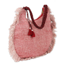 Load image into Gallery viewer, Zippered Blush Pink and Red 100% Linen Hobo Bag with Fringes - Blush &amp; Bold | NOVICA
