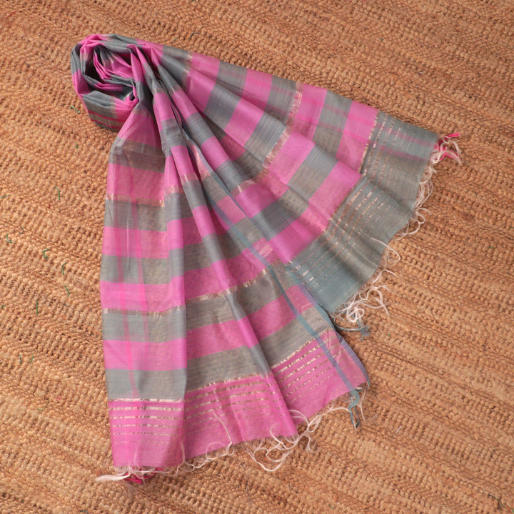 Artisan-Made Pink and Grey Striped Cotton & Silk Blend Shawl - Pink Occasions | NOVICA
