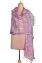 Load image into Gallery viewer, Artisan-Made Pink and Grey Striped Cotton &amp; Silk Blend Shawl - Pink Occasions | NOVICA
