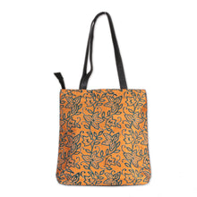 Load image into Gallery viewer, Leather-Accented Orange Silk Tote Bag with Kantha Embroidery - Sophisticated Saffron | NOVICA
