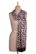 Load image into Gallery viewer, Hand-Woven and Block-Printed Silk Shawl with Geometric Theme - Geometric Glamour | NOVICA
