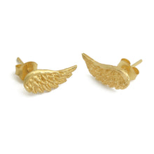 Load image into Gallery viewer, Wing-Themed Textured 22k Gold-Plated Brass Button Earrings - Fly to Me | NOVICA
