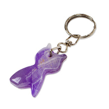 Load image into Gallery viewer, Hand-Carved Cat-Shaped Natural Onyx Keychain in Purple Hues - Feline Purple | NOVICA
