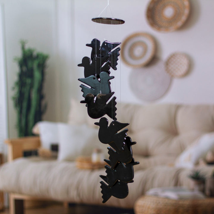 Whimsical Hand-Carved Natural Black Onyx Dove-Themed Mobile - Feathers to Midnight | NOVICA