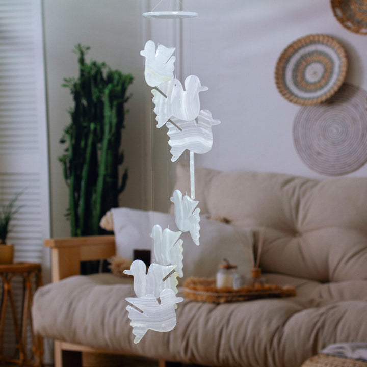 Mexican Handcrafted Natural White Onyx Dove-Themed Mobile - Feathers to Heaven | NOVICA