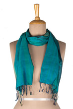 Load image into Gallery viewer, Handwoven Striped Fringed Silk Scarf in Green and Blue Hues - Ocean Stripes | NOVICA
