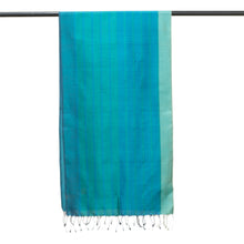Load image into Gallery viewer, Handwoven Striped Fringed Silk Scarf in Green and Blue Hues - Ocean Stripes | NOVICA
